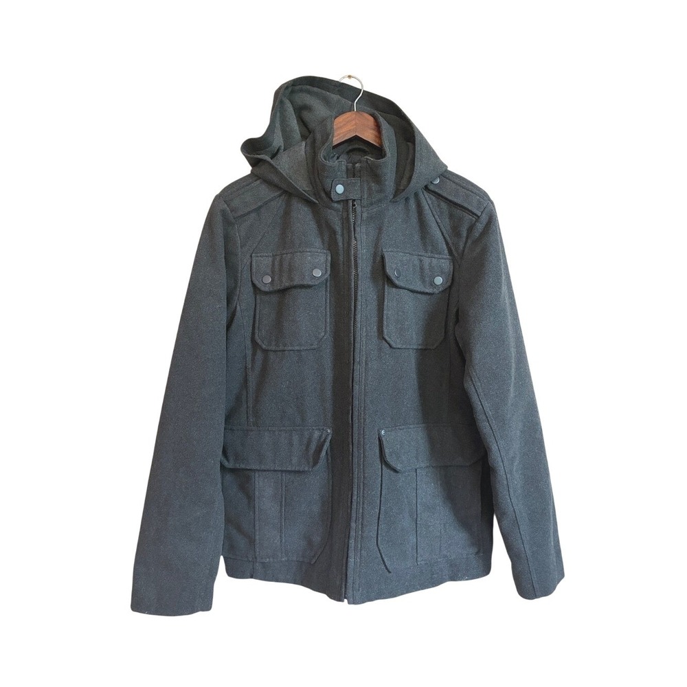 CJ BLACK Men Medium Wool Blend Heavy Chore Coat Jacket Hooded Six Pockets Grunge
